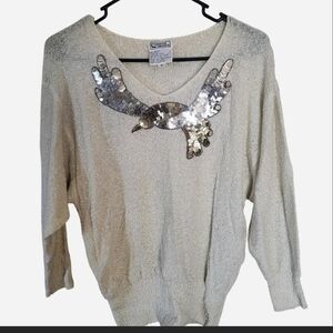 Vintage 80s Campus Casual cream sweater with sequin bird